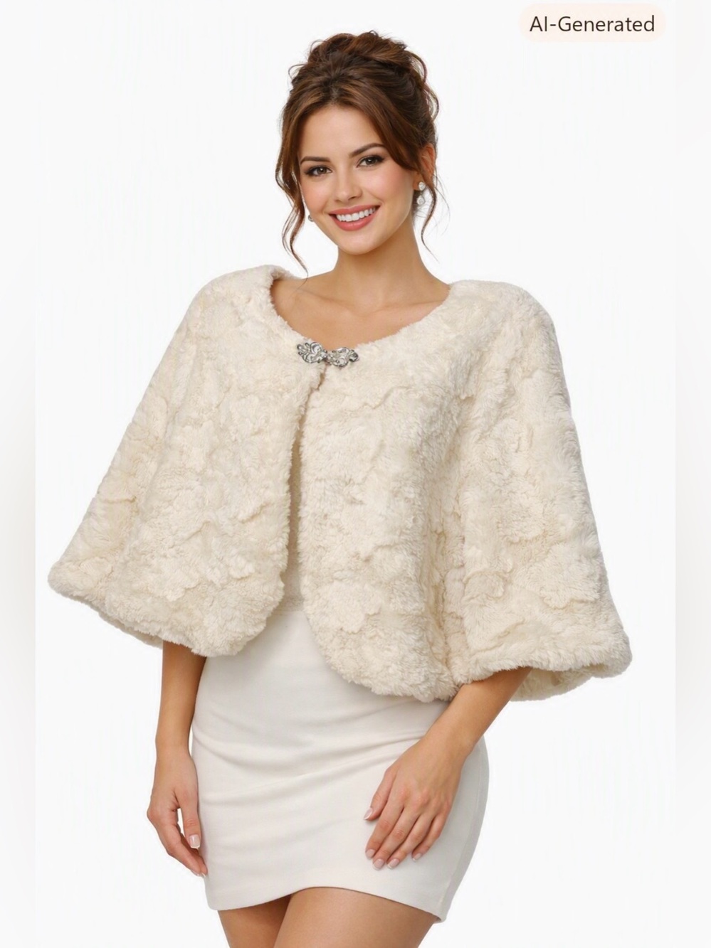 Women’s Cream Faux Fur Capelet Sweater with Decorative Clasp